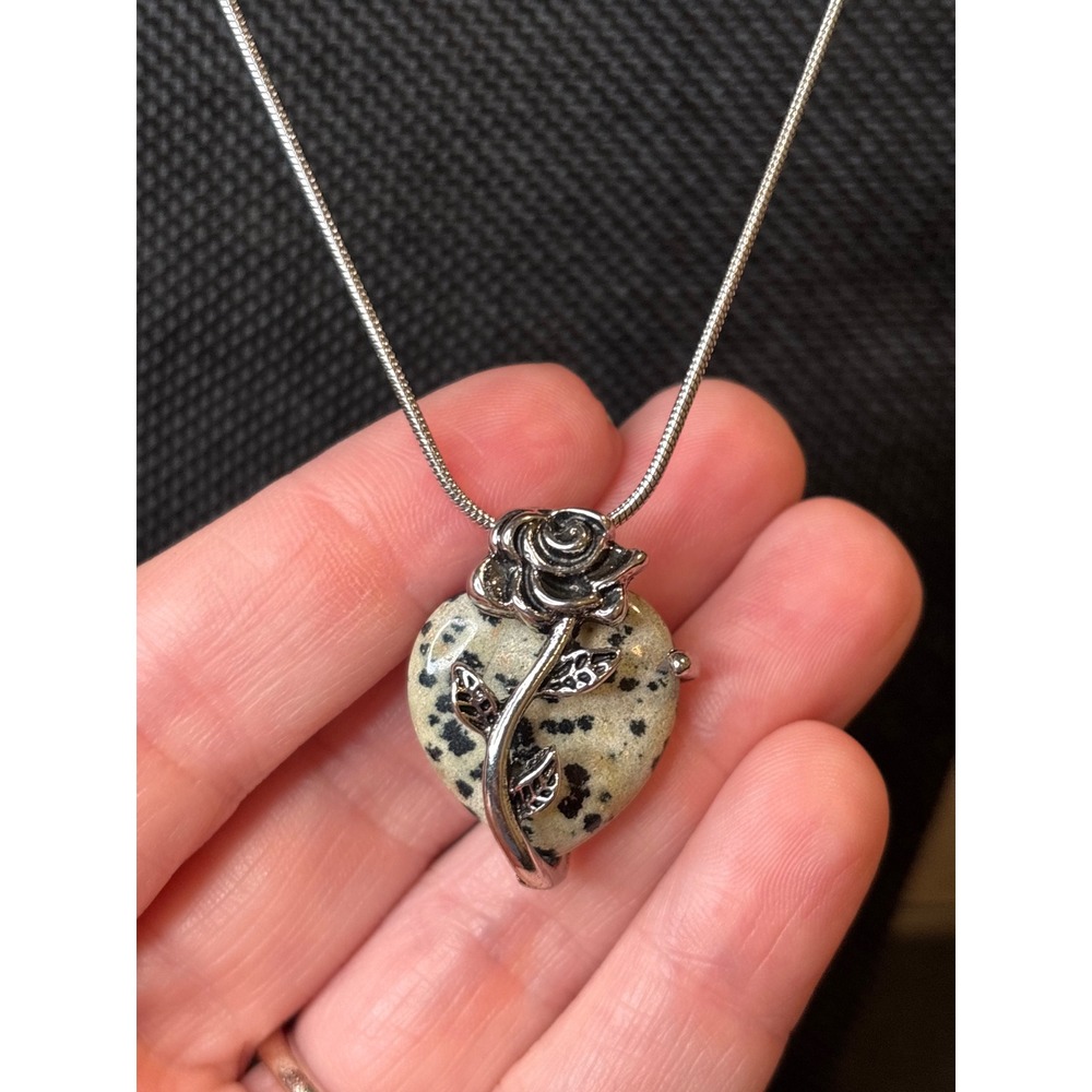 Dalmatian Jasper Heart Rose Necklace Stainless Steel Snake Chain Silver Tone